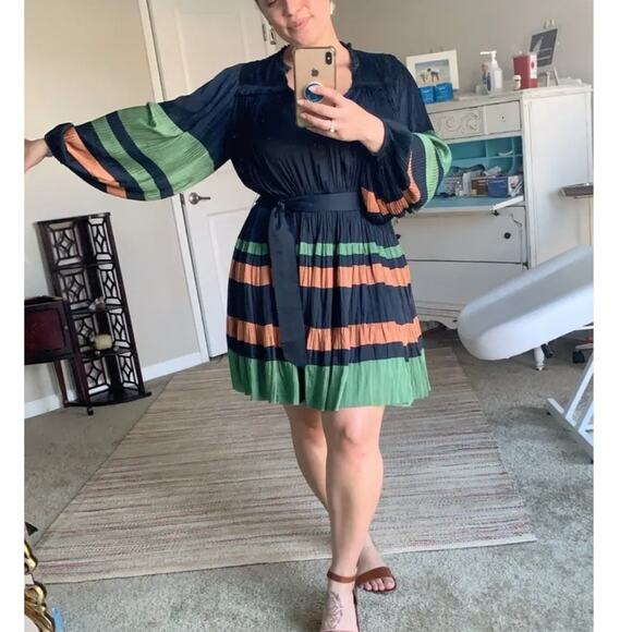 Ulla Johnson Alia Navy Blue Mini Dress Green Orange Stripe Long Sleeve Sz‎ 0 - Picture 4 of 13